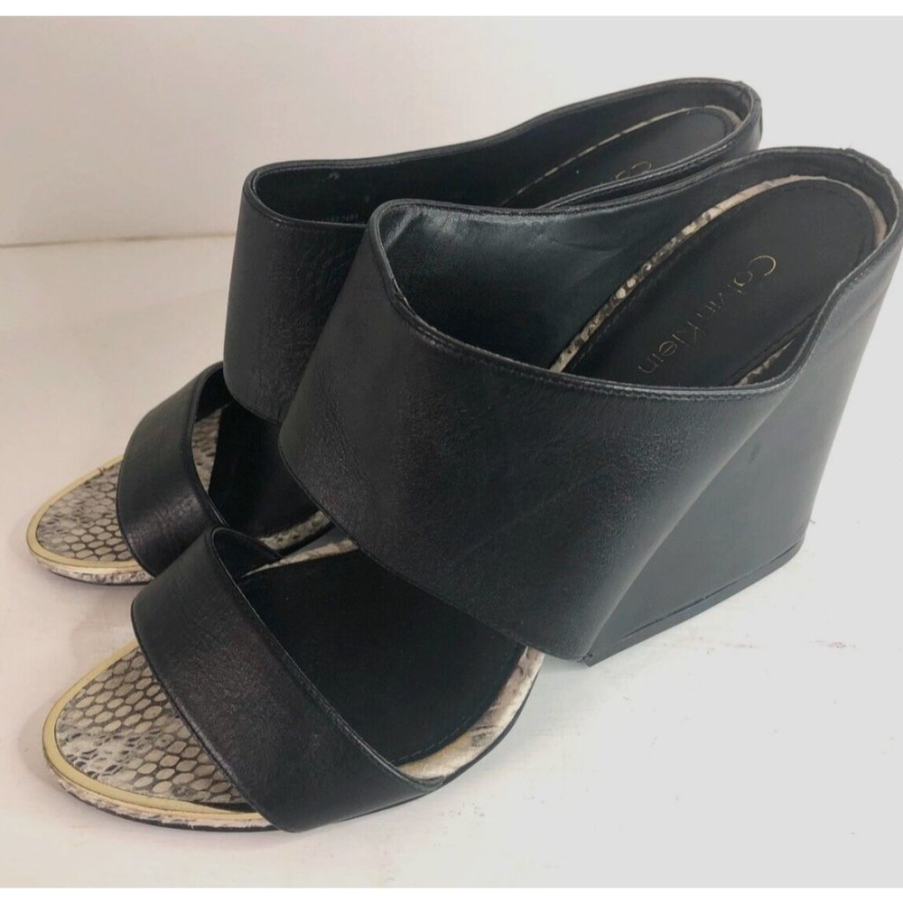 Calvin Klein Cali Black Winged Wedge Heel Shoes Wedges Black Snakeskin US9